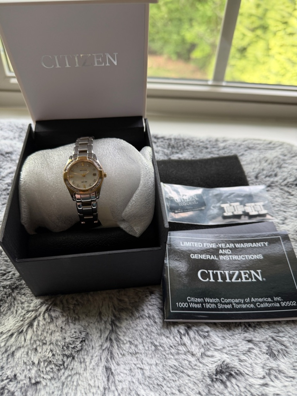 Citizen Two-Tone Silver and Gold Ladies Watch with mother of pearl dial.